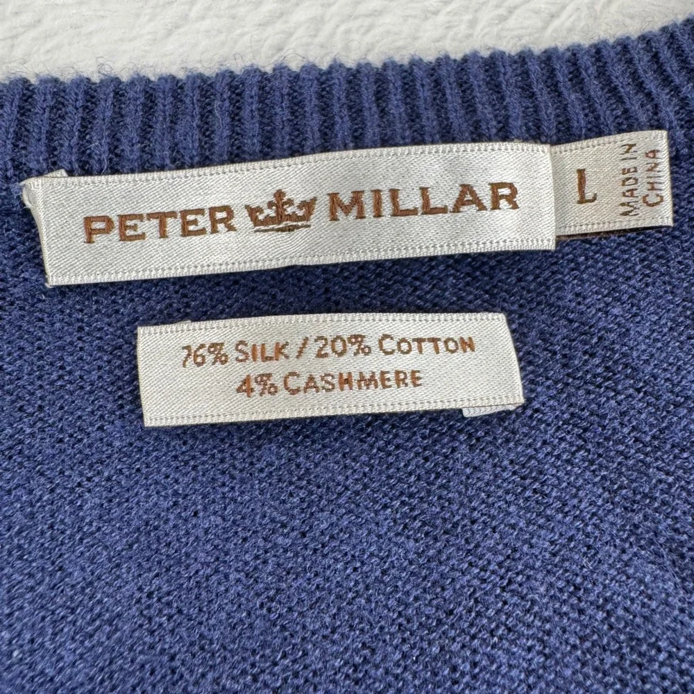 Peter Millar V-Neck Sweater Men Large Blue Silk Cotton Cashmere Luxury Old Money